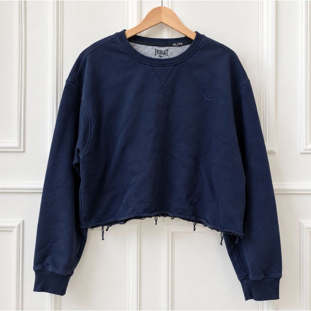 Everlast Mens XL Navy Blue Cropped Crewneck Pullover Raw Hem Athletic Sweatshirt